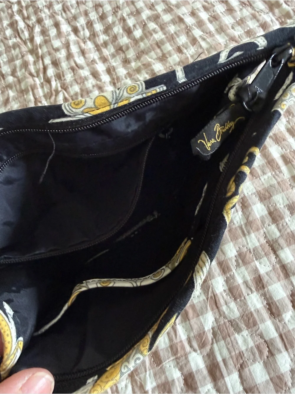 Vera Bradley Black Quilted Wristlet with Gold Floral & Bird Print